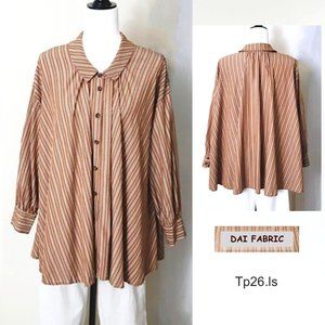 DAI FABRIC Silk Cotton Tunic Tops Brown White Striped Collar L-Sleeve Button S-M